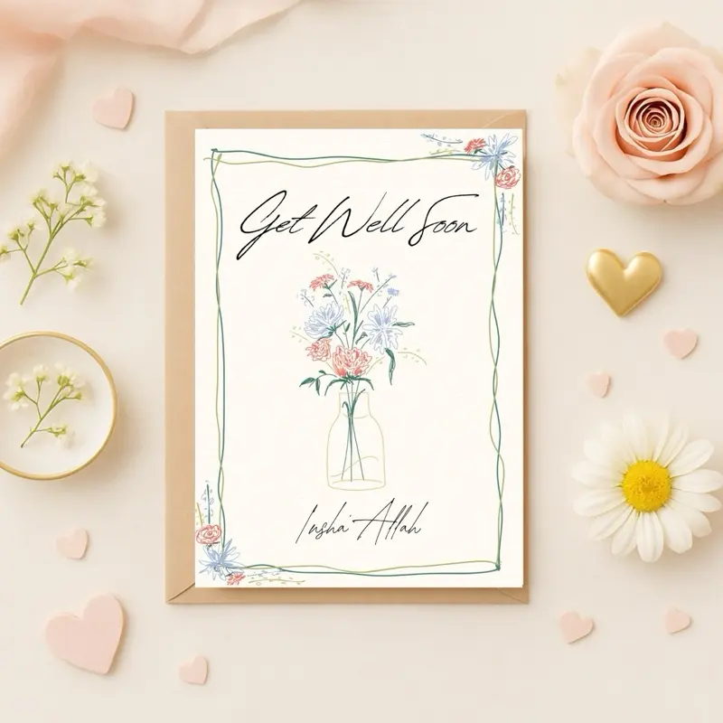 Minaret Collections Islamic Get Well Soon Card, 5x7 Floral Design Muslim Greeting Card with Dua for Healing and Wellness, Includes Envelope