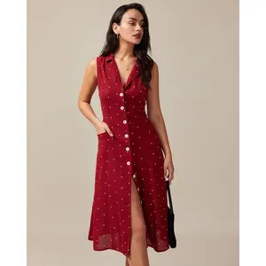 The Red V Neck Polka Dot Tie Back Midi Dress
