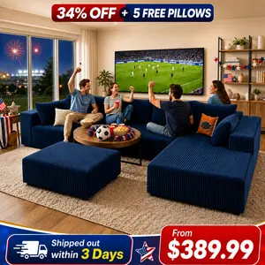 [2 Packages Shipping]KAIA 96" Sectional Cloud Couch with Ottoman for Living Room, Modular L Shaped Sofa with Plush Corduroy, Big Boneless Couches Set with Fluffy Memory Foam, Stupendous U Shaped Sofas with Chaise - No Assembly Required