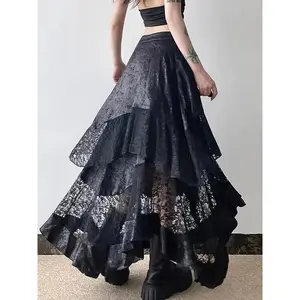 Chic Lace Skirt High-Waisted Black A-Line with Floral Embroidery Contrast Lace Detail All-Season Fashion Stylish Women's Maxi Skirt JM 1632862 Semi-Sheer Polyester Knit Fabric