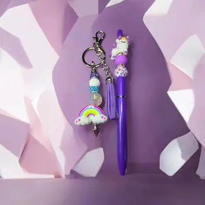 Purple Rainbow Unicorn Pen and Keychain with Sparkling Beads and Tassel Charm for Kids