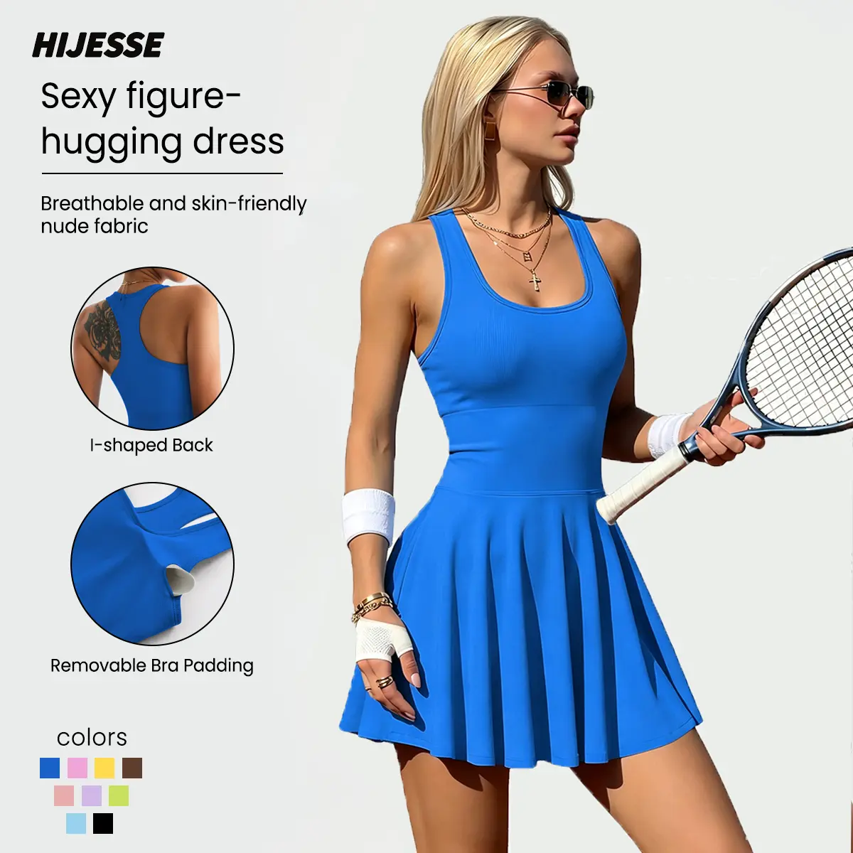 Hijesse Women's Solid Sports Tennis Dress High Stretch Comfortable Breathable Fabric Built-In Pocket Design Ideal for Yoga Fitness Activities sport romper sleeveless romper, Suitable for Spring & Summer Wear