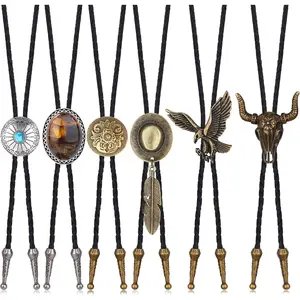 Jstyle 6 Pcs Leather Bolo Tie Turquoise Handmade Round Shape Western Cowboy Native American Bola Tie for Men Women