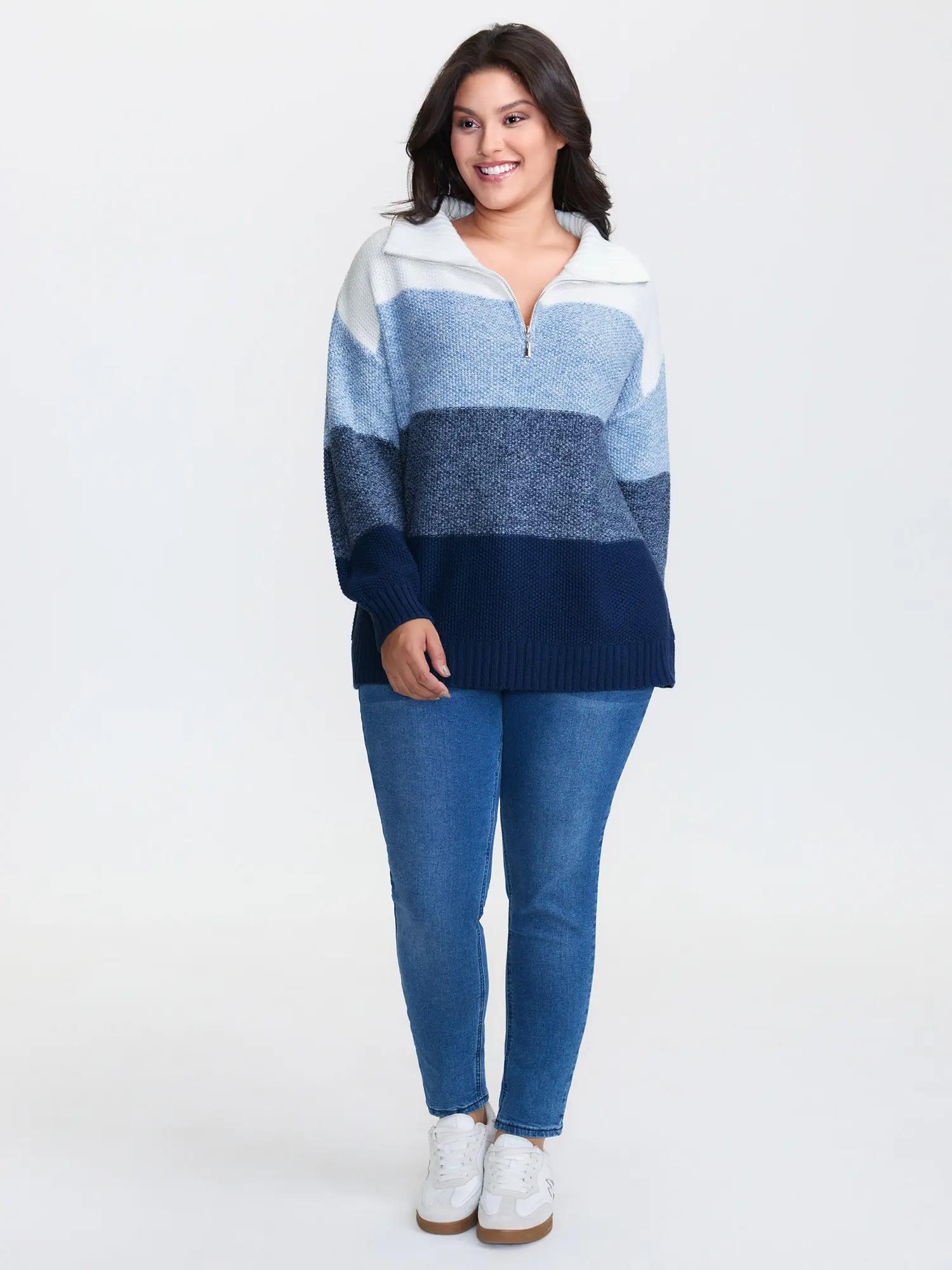 BloomChic Women's Long Sleeve Colorblock Half-Zip Polo Pullover - Geometric Print, Loose-Fit Acrylic Knit Fabric Garment, Alternative Style Knitwear, Low Iron Summer Top, Drop Shoulders, Polo Neck, Hand Wash, Half Zipper, Flat, Layering Outfits