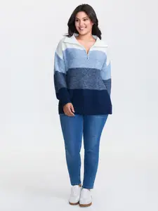 BloomChic Women's Long Sleeve Colorblock Polo Pullover with Geometric Print and Half-Zip, Loose-Fit Acrylic Knit, Fabric