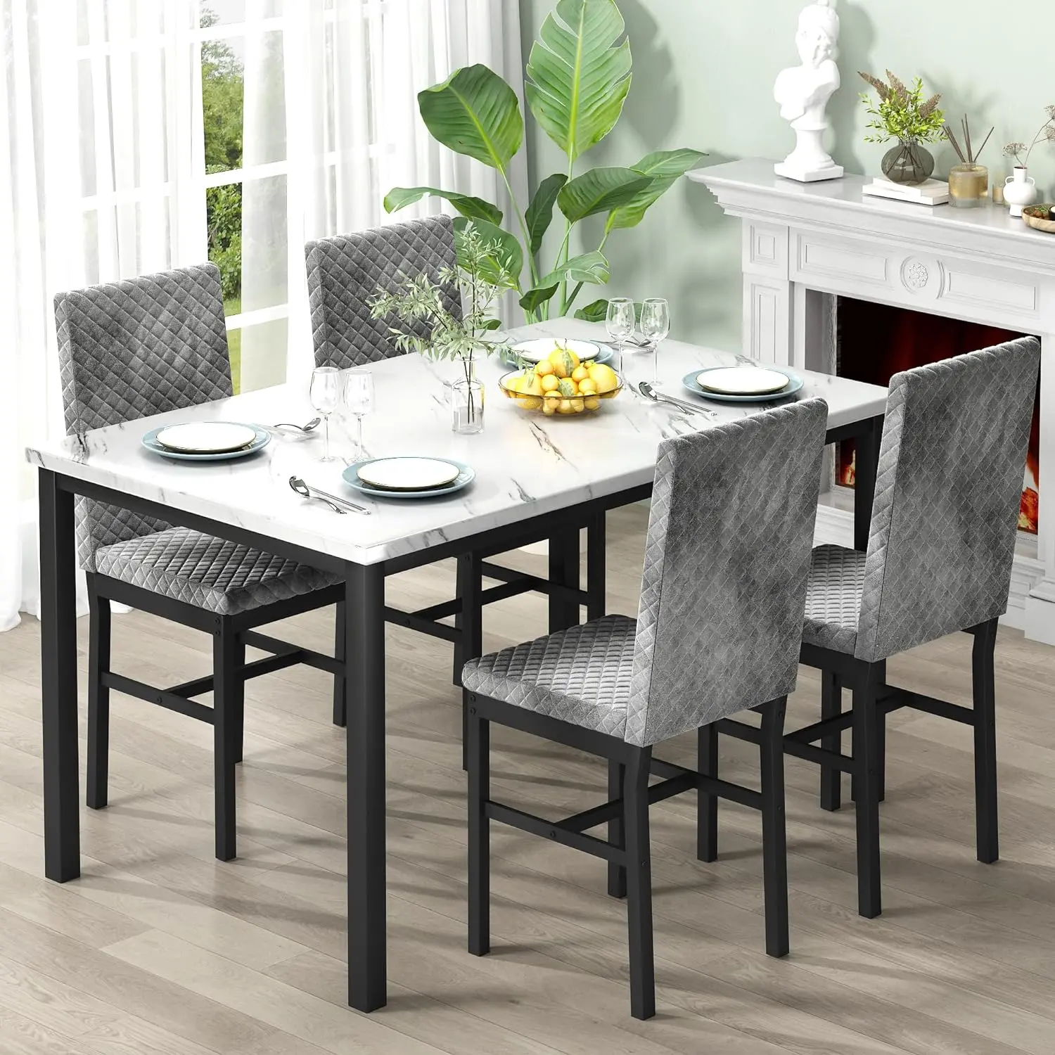 Recaceik Faux Marble Indoor Dining Table Set of 4 - 47.24"x27.5" Table, 4 Velvet Upholstered 35.82" Height Modern Ergonomic Chairs, Home & Apartment Dining Room Furniture, Apartment Furniture Outdoorfun