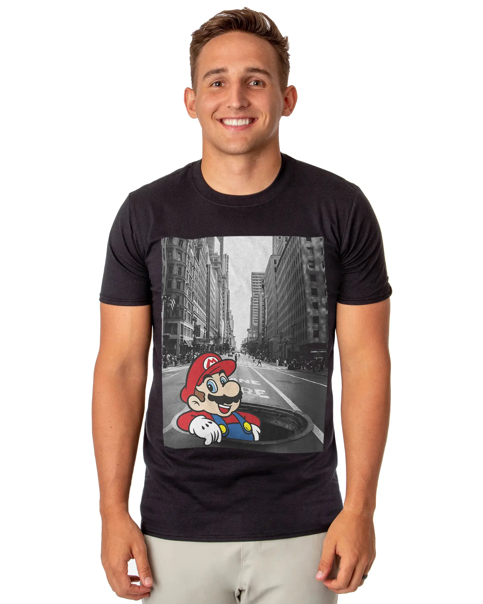 Men's Super Mario Round-Neck Short-Sleeve T-Shirt, Black and White City Scene Graphic Top, Menswear Apparel, Streetwear, Shortsleeve, Soft, Casual