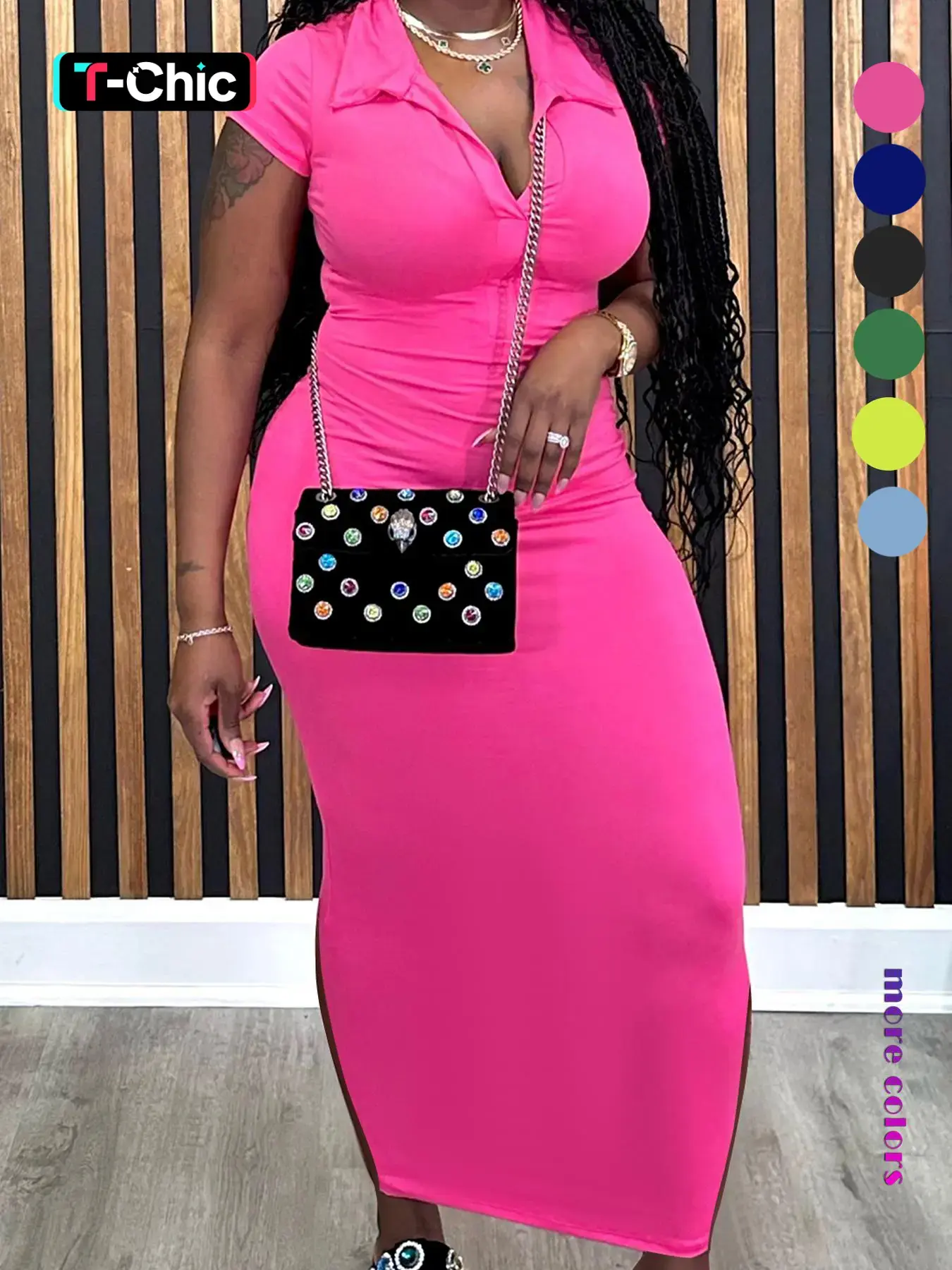 Women's Plain Collared Knitted Bodycon Fit Dress, Solid Color Short Sleeve Long Dress, Ladies Clothes for All Seasons, Casual Wear, Basic, Day