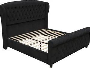 [Brandday][Memorialday] AMERLIFE Chenille Upholstered Sleigh Bed with Curved Headboard & Footboard, Deep Button Tufted, Wood Slats Support, No Box Spring Needed