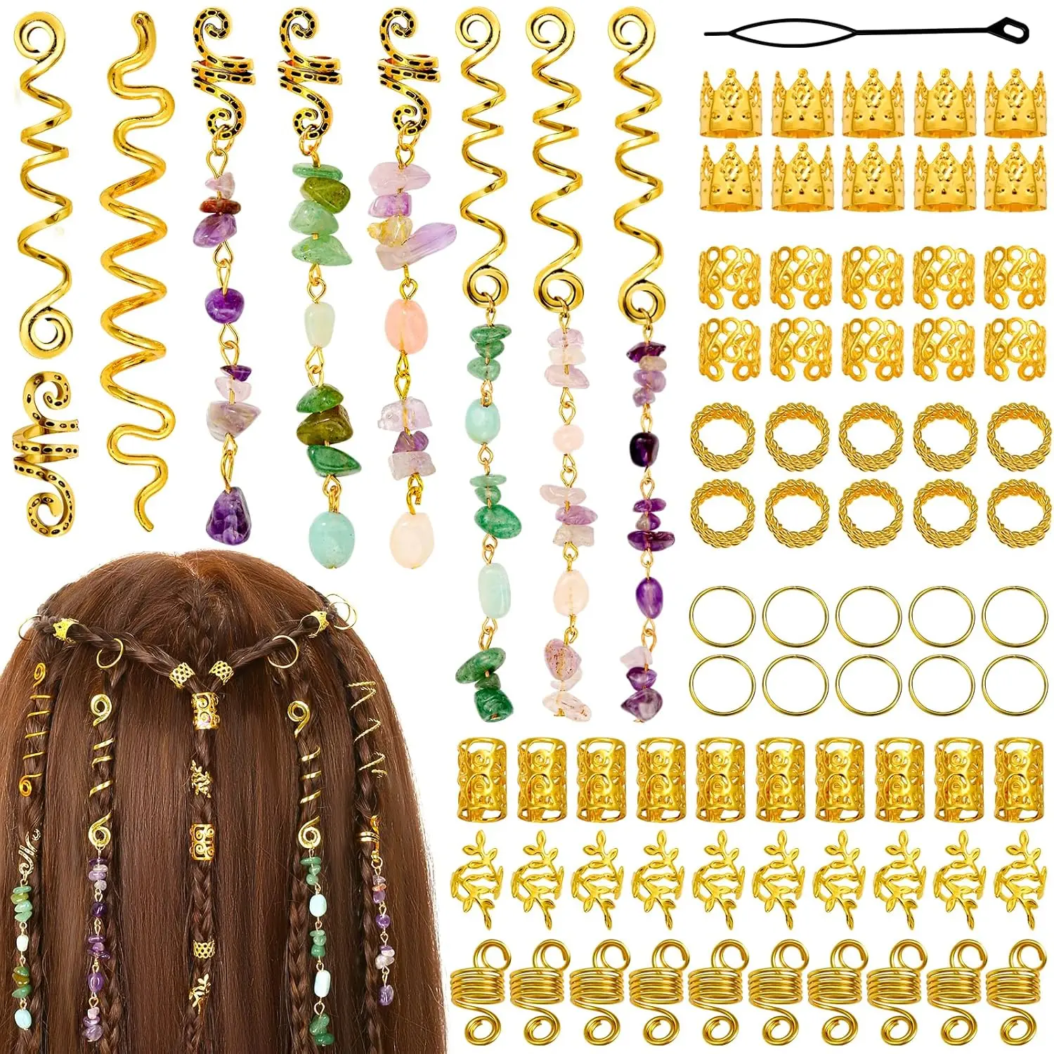 80 Pcs Natural Crystal Stone Dreadlock Accessories, Jollidecor Hair Jewelry for Braids Hair Spirals Gems Charms Adjust Gold Loc Jewelry for Hair Cuffs for Adult Women Braids Hairstyle Decoration