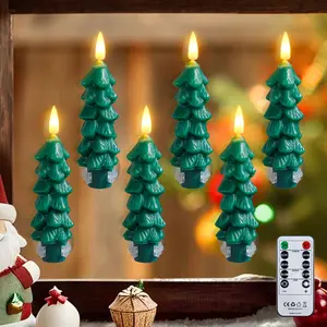 6pcs Tree Shaped Flameless Real Wax Green Taper Candles with Remote and Timer, 0.78" x5" Window LED Flickering Battery Operated for Christmas Festival Decor (Suction Cups Included)