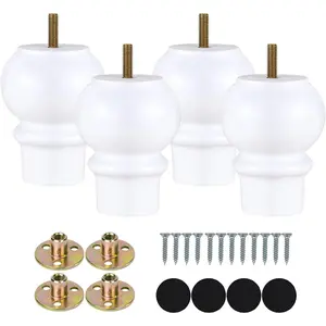 4 Inch White Furniture Legs Set of 4 Wood Replacement Legs for Cabinet Dresser Ottoman M8 Bolt Pre-Installed