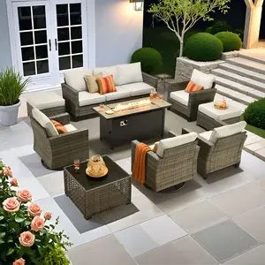 Ovios Patio Furniture Set 10-Piece with Rocking Swivel Chairs, Outdoor Wicker Rattan Sectional Sofa with Cushions, 54'' Propane Fire Pit Table, All-Weather Conversation Set for Backyard Garden Patio