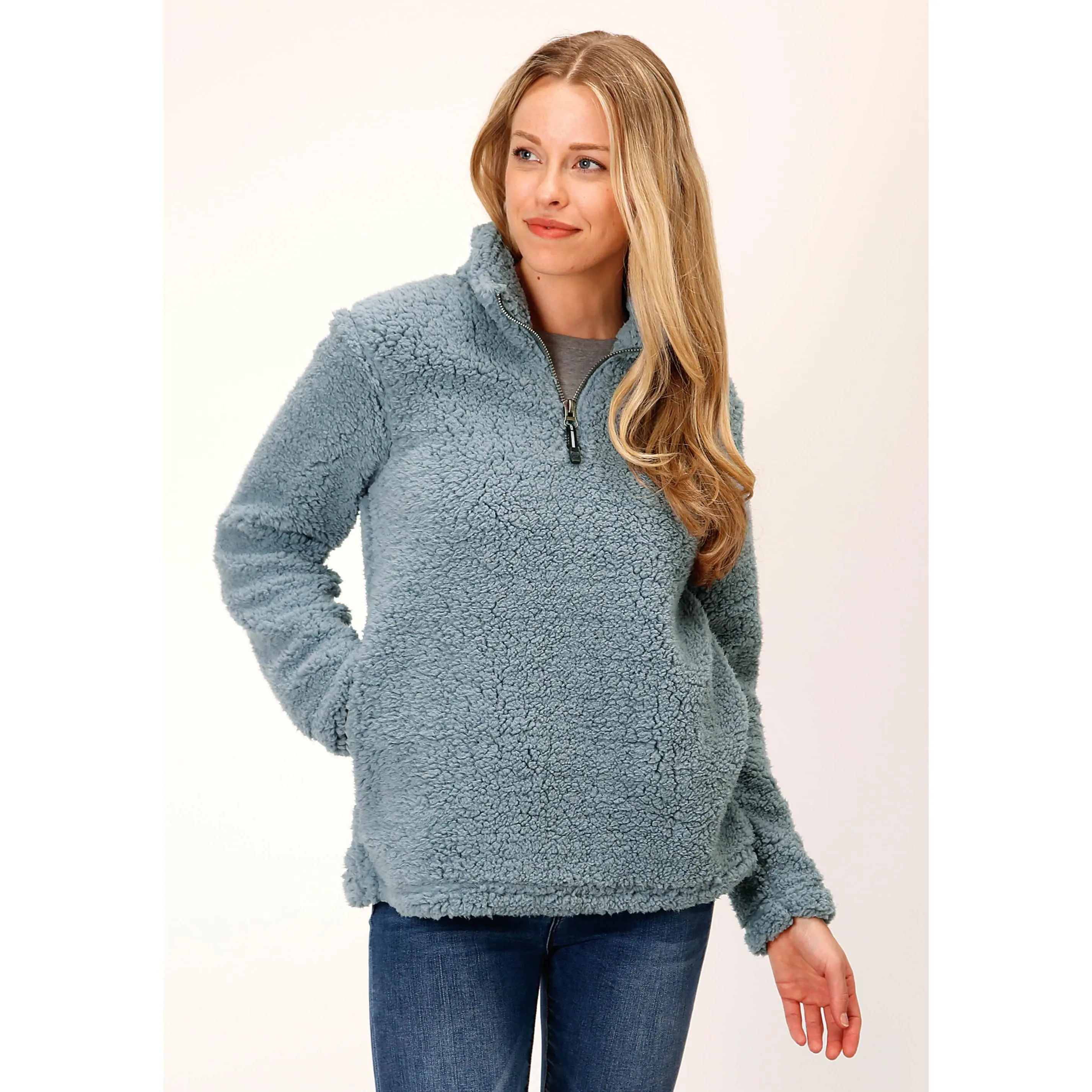 Womens Solid Steel Blue Polar Fleece Pullover