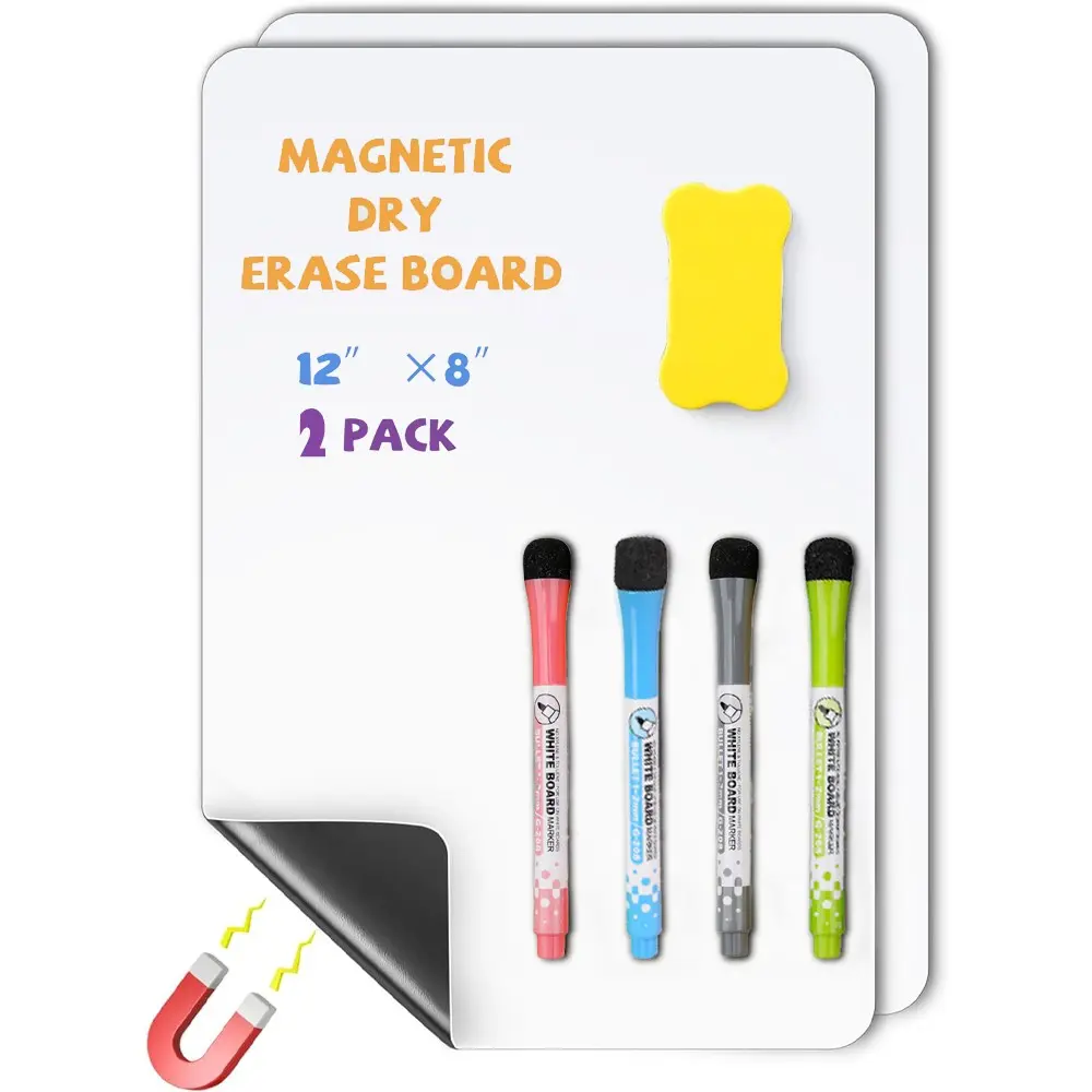 Magnetic Whiteboard for Fridge 12"X8" 2 Pack Magnetic Dry Erase Board with 4 Markers & 1 Eraser for Kitchen Refrigerator as Weekly Menu Planner, Weekly Fridge Calendar, with Strong Magnet Backing, Weeks Planner, Visual Schedule Board