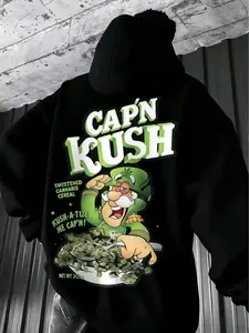 Men's Oversized Capn Kush Graphic Hoodie - Retro 90s Cartoon Weed Print Pullover, Heavyweight Fleece Lined Streetwear Hoodie for Hip Hop & Skate, 420 Cannabis Themed Vintage, Bold Edgy Style, Stoner Gifts, Black Hoodie with Bold Green Print