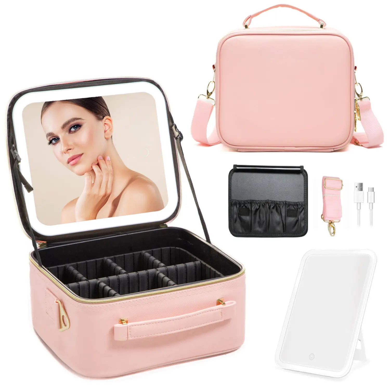 LED Mirror Travel Cosmetic Bag with Zipper, Waterproof Luggage Organizer, Adjustable Shoulder Strap for Toiletry and Makeup Brush Storage
