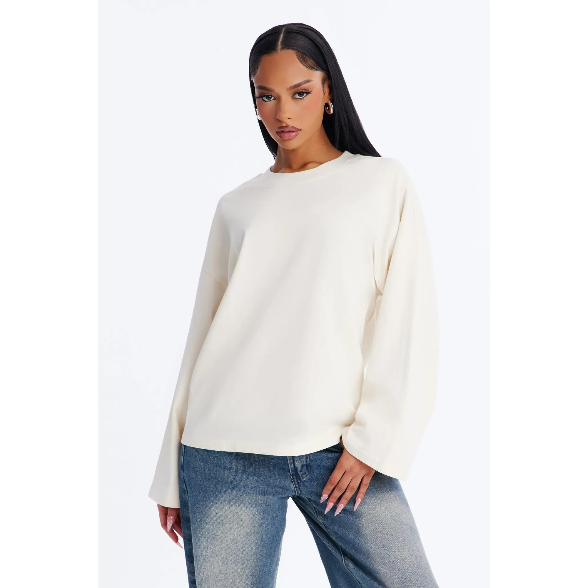 Arissa Crew Neck Long Sleeve Oversized T-Shirt - Cream