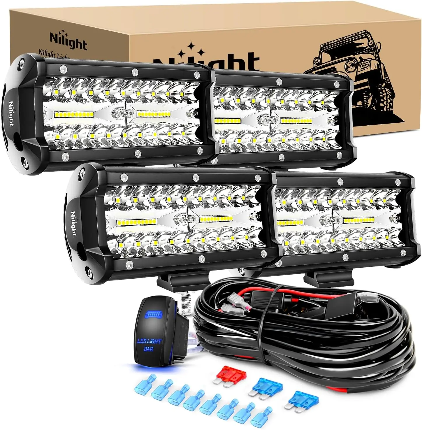 Nilight 4PCS 6.5In 120W Triple-Row Spot-Flood Combo LED Pods with 5Pin Rocker Switch Wiring Harness Kit, Super Bright Offroad Led Car Lights, Truck Work Light Accessories,car accessories