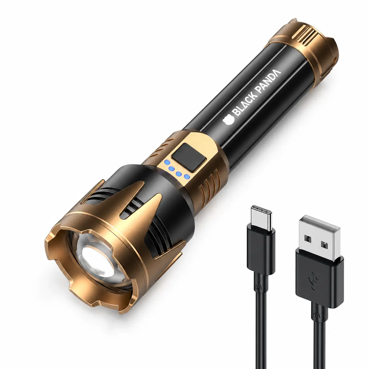 BLACK PANDA 525X Rechargeable LED Flashlight, High-Lumen Zoomable Torch with 5 Lighting Modes, USB-C Charging, 4-Level Power Display, Reversible Crown Bezel and Aluminum Body for Camping, Hiking, Emergency and Outdoor Use
