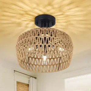 12.6‑Inch 3‑Light Boho Hand‑Woven Rattan Semi Flush Mount Ceiling Light, UL‑Listed E12 Socket Woven Close‑to‑Ceiling Lamp for Bedroom Hallway Living Room Kitchen Nursery
