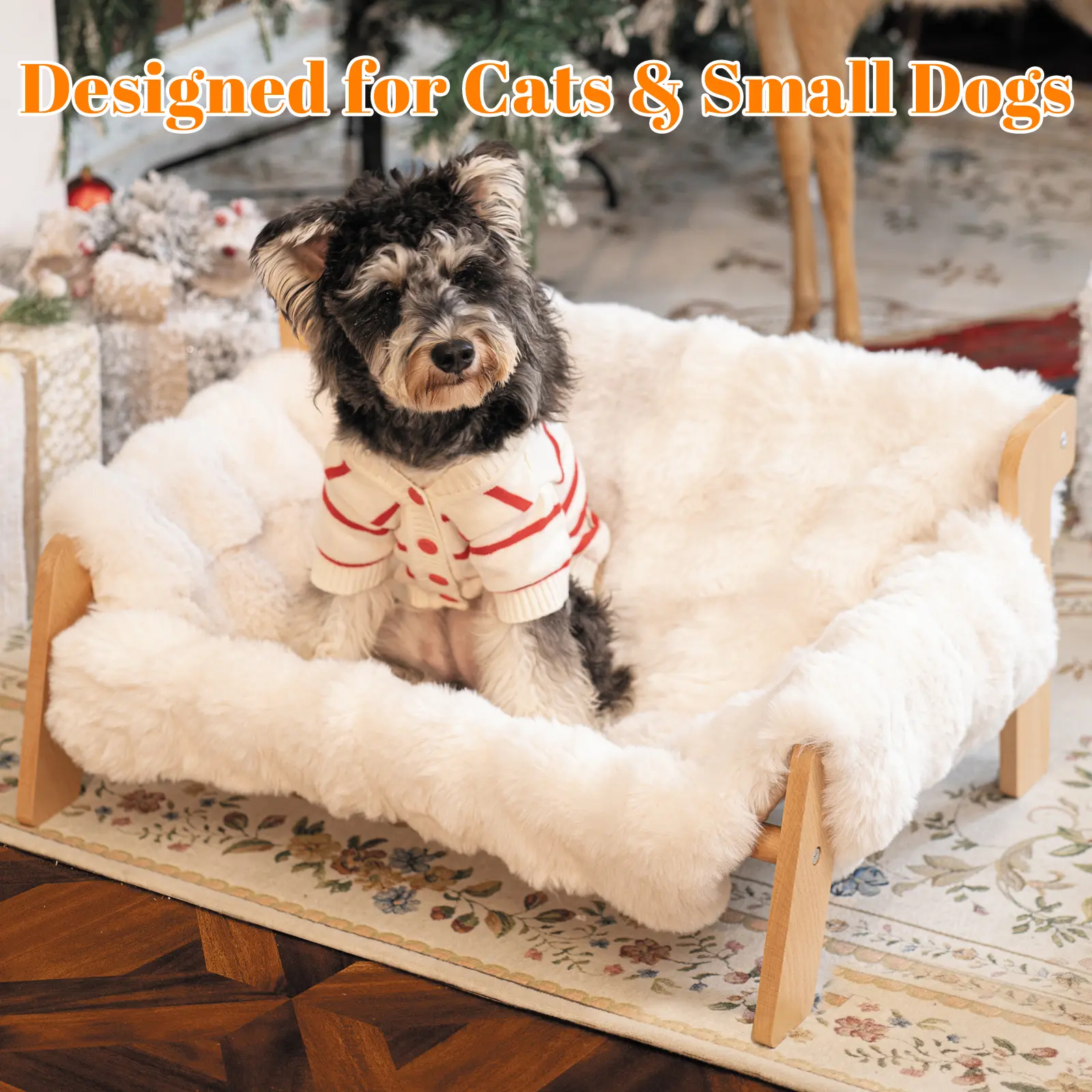 Raised Pet Sofa Bed for Indoor Cats & Small Dogs - Durable Solid Wood Frame, Fluffy Washable Cushion, Machine-Washable Modern Pet Furniture Lounge Chair