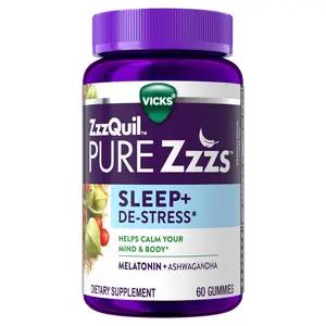 ZzzQuil PURE Zzzs De-Stress 2mg Melatonin Gummies, , Sleep Aids for Adults, Ashwagandha for Stress Support, 60 Gummies