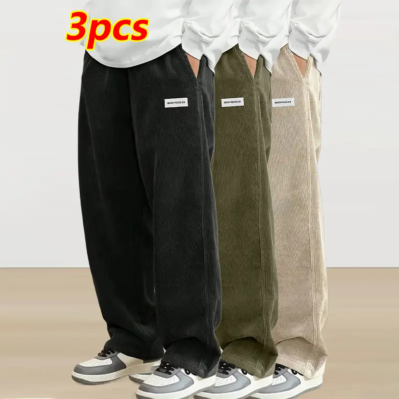 3-piece set of men's corduroy pants, retro texture casual long pants, regular waist circumference design, suitable for casual attire, straight-leg pant style, corduroy fabric, comfortable everyday wear, relaxed fit long pants.