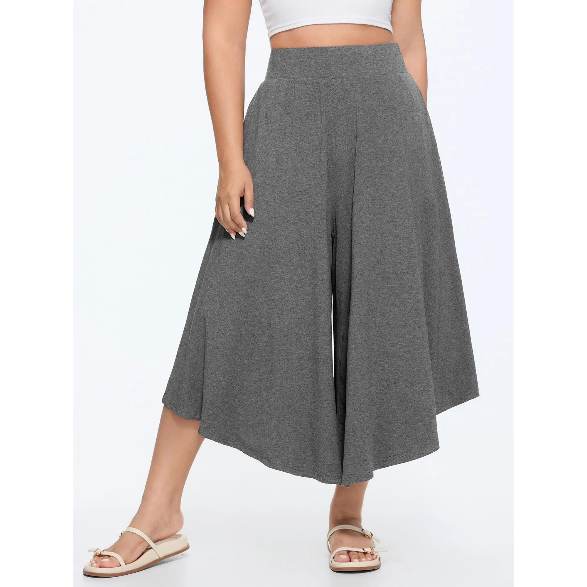 BloomChic Women's Plus Size Loose Mid-Rise Leisure Wear Bottoms, Solid Modal Spandex Cropped Pants with Wide Waistband & Side Pockets, All Seasons Garment,back to school shopping, Fabric