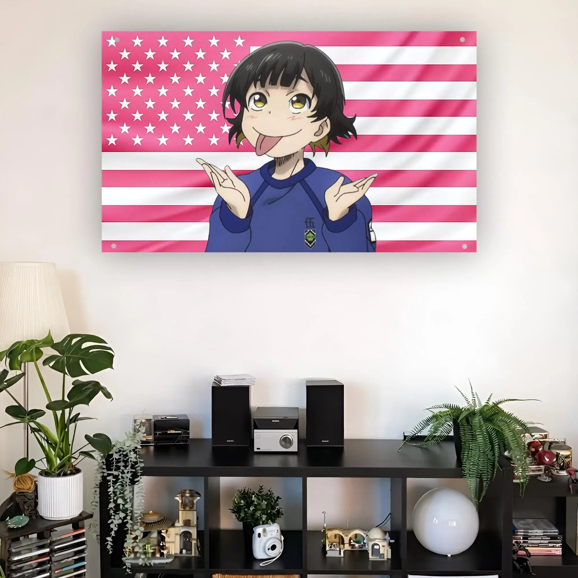 Bachira Meguru Pink USA Flag Blue Lock Anime Synthetic Print Tapestry - Decorative Backdrop Tapestry, Bed Room Decor Aesthetic, Cover Wall Flaws, with Hook, Hanging Home Decor for Dorm Rooms, Avoid Chlorine Bleach, summerwins