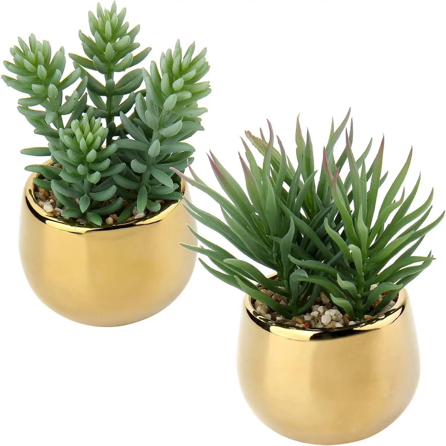 2-Pack Realistic Look Plastic Succulents - Decorative Mini Fake Ornaments in Gold Ceramic Pots for Shelf/Table, Living Room, Balcony Decoration Home Supplies, Bathroom Plants, Potato Chips