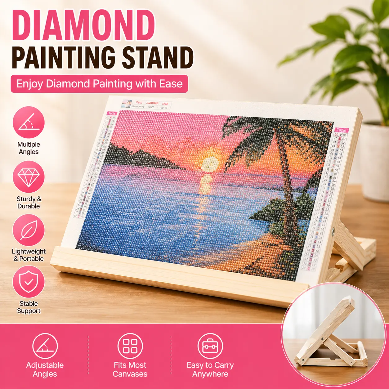 Natural Wood Adjustable Diamond Painting Easel Stand - Diamond Painting Tools with Adjustable Viewing Angles, Foldable & Space-Saving, Easy Storage, 23×33 Cm Large Size Desktop Holder for Cross Stitching Craft