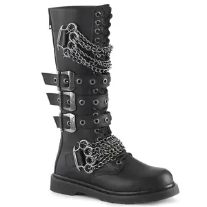 Demonia Men's Bolt-450 Black Vegan Leather Knee-high Boots with Triple Buckle Straps & Brass Knuckles Chain Detail