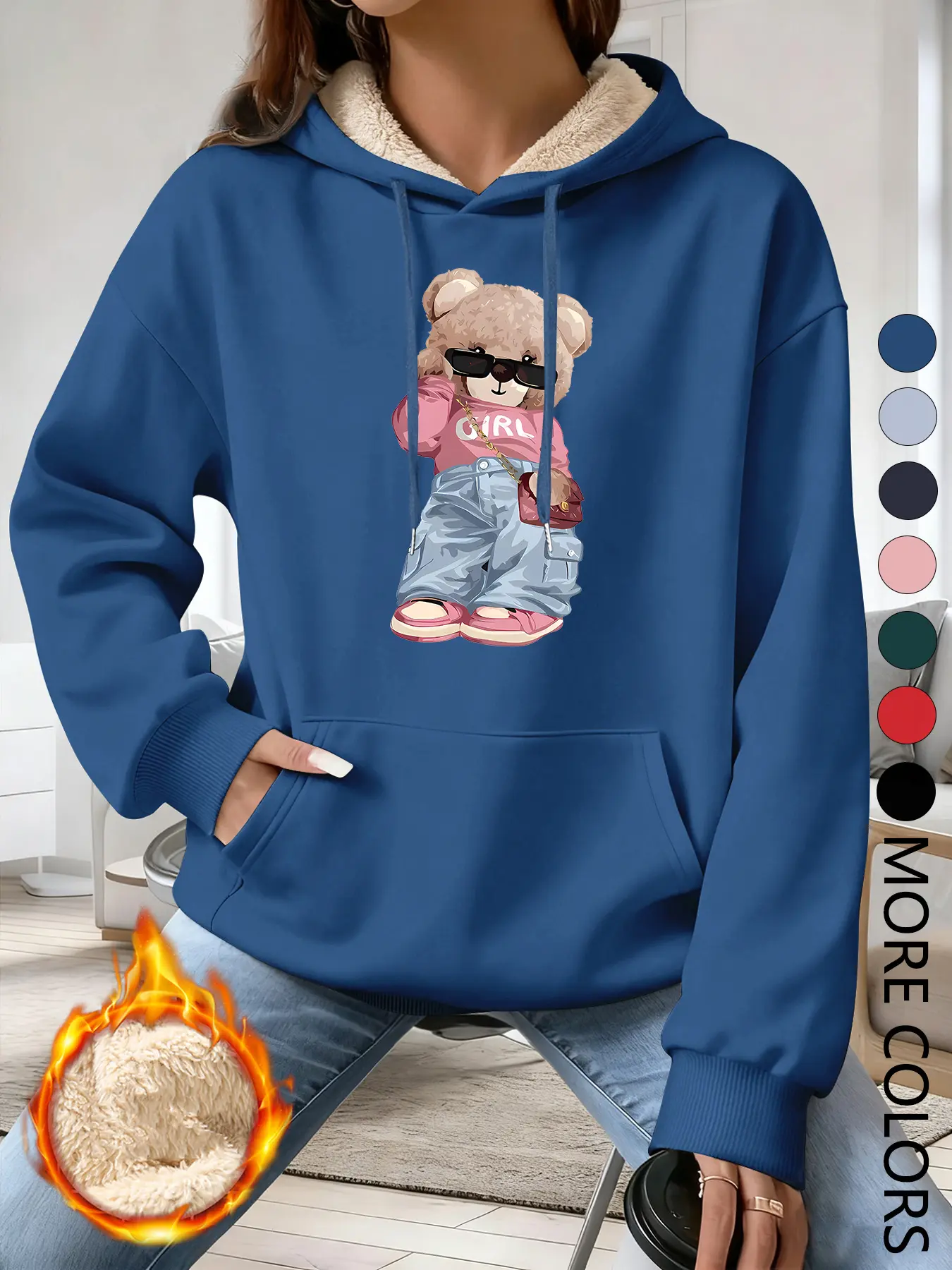 Women's Fall Winter Hooded Cute Sweatshirt, Casual Print Hoodie, Creative Simple Bear Pattern, Letter Print, Long Sleeve Casual Top, Multiple Trendy Colors Available