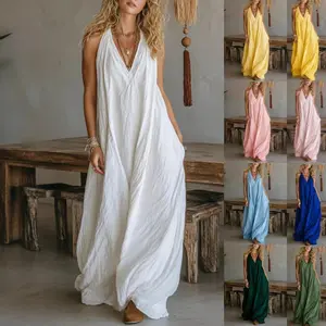 Casual Sleeveless Hollow Holiday Jumpsuit 2026 Fashion High Street Wide Leg Playsuits Simple Solid Color V-neck Summer Rompers