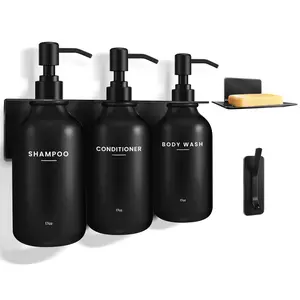 Shampoo & Conditioner Dispenser Set Wall Mounted Drill-Free, Refillable Portable Press Type Shampoo Bottle, 17 fl oz Plastic Pump Bottles Black Soap Holder, Shower Caddy Shelf Organizer Rack for Bathroom Kitchen Travel Home Supplies