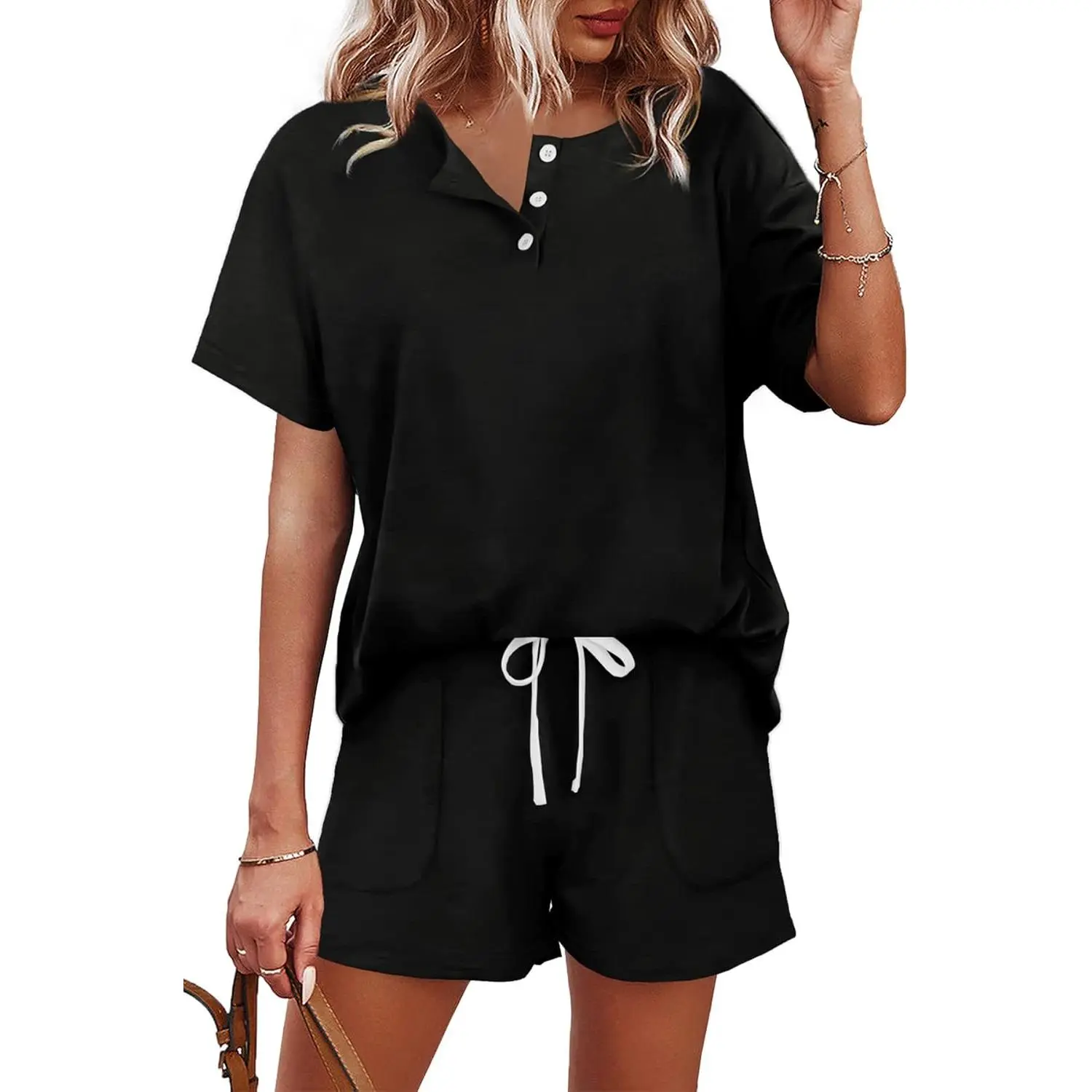 Two Piece Outfits for Women Lounge Sets Button Down Top and Shorts Set Sweatsuits with Pockets