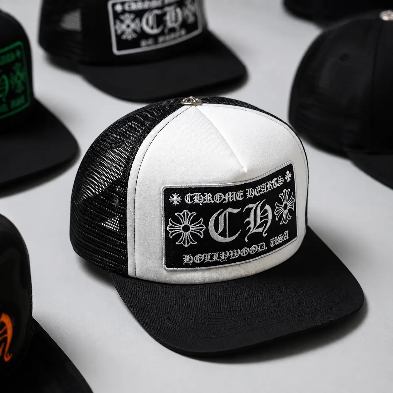 Premium Chrome Hearts CH Trucker Cap, Unisex Black & White Mesh Snapback Hat, Bold Gothic Logo Baseball Cap, Adjustable Breathable Streetwear Hat for Men & Women