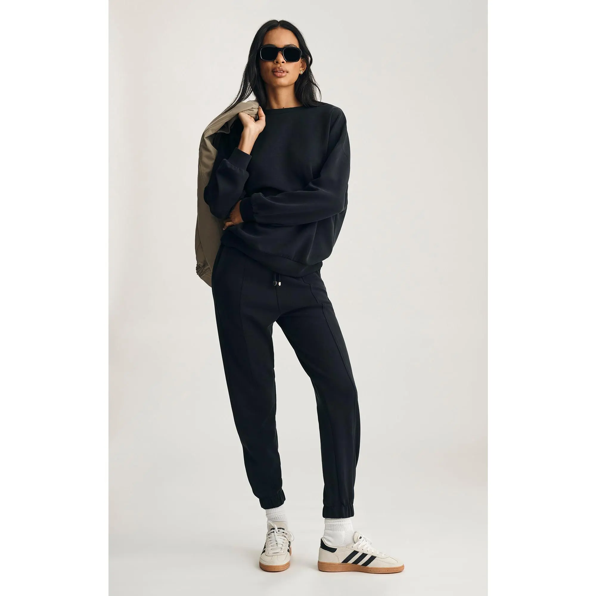 Women's Luxe Touch Tencel™ Blend Fitted Sweatpants - Slim Cut Tapered Leg, Drawstring Waist, 49% Tencel™, 8% Elastane, Polyester Fabric, Small Casual Bottoms, Black