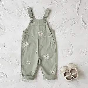 Spring/Autumn Baby Clothing Floral Embroidery Green Versatile Basic Loose Outdoor Comfortable Infant Suspender Pants (One Suspender Pant; No Accessories Included Such as Inner Wear, Shoes, or Hats) Toddler Outfit Body Suit