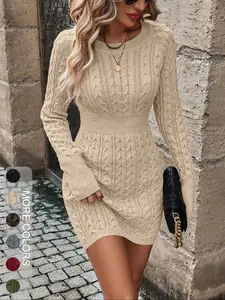 Women's Fall Winter Fashion Bodycon Round Neck Knit Sweater Dress, Casual Elegant Long Sleeve Midi Dress for Home Office Outdoor