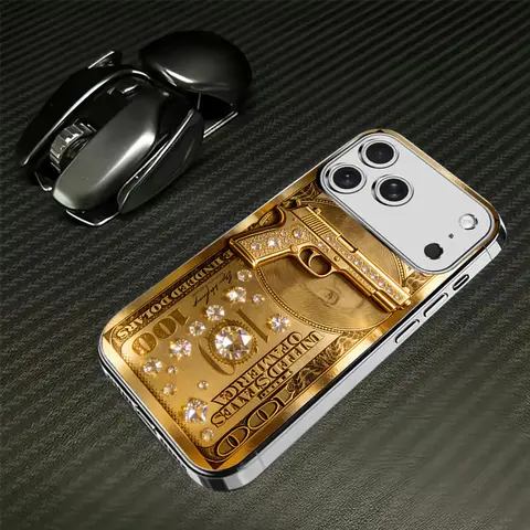 High-End Preppy Pistol Gold Dollar Pattern Electroplated Glass Cellphone Casing, 1-Piece Protection Cover, Gold/Silver Options, Compatible with iPhone 11-17 (Incl. iPhone 15) & Multiple Phones Samsung Models, Phone Accessories