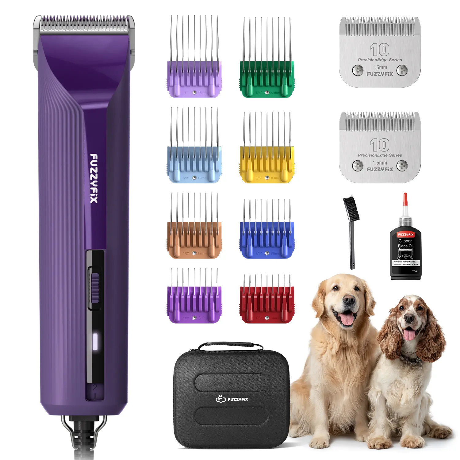 Fuzzyfix AMPFIX Professional Dog Grooming Clippers, Heavy-Duty Corded Pet Clippers with 2-Speed Motor, Runs Cool and Quiet, Includes 2 Detachable Blades and 8 Metal Guide Combs for Thick Coats and All Breeds