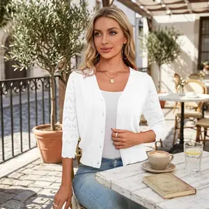 Women's 3/4 Sleeve Cropped Cardigan Sweater - Button Down Bolero Shrug for Dresses Lightweight Knit Open Front Cover Up Perfect for Spring Fall Layering Casual Office Wear S-XL Size