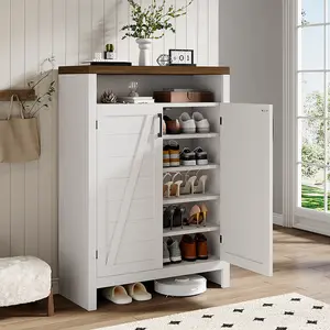 ONBRILL 6-Tier Shoe Cabinet with Doors, Farmhouse Shoe Storage Cabinet with Adjustable Shelves, Large Capacity Wooden Shoe Rack Organizer for Entryway, Closet, Hallway, Living Room