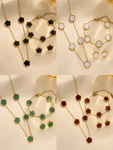 Stainless Steel 18K Gold Plated Jewelry Set(Earrings, Bracelet, Necklace), Fashionable & Elegant For Casual, Vacation Wear, Waterproof & Fade Resistant