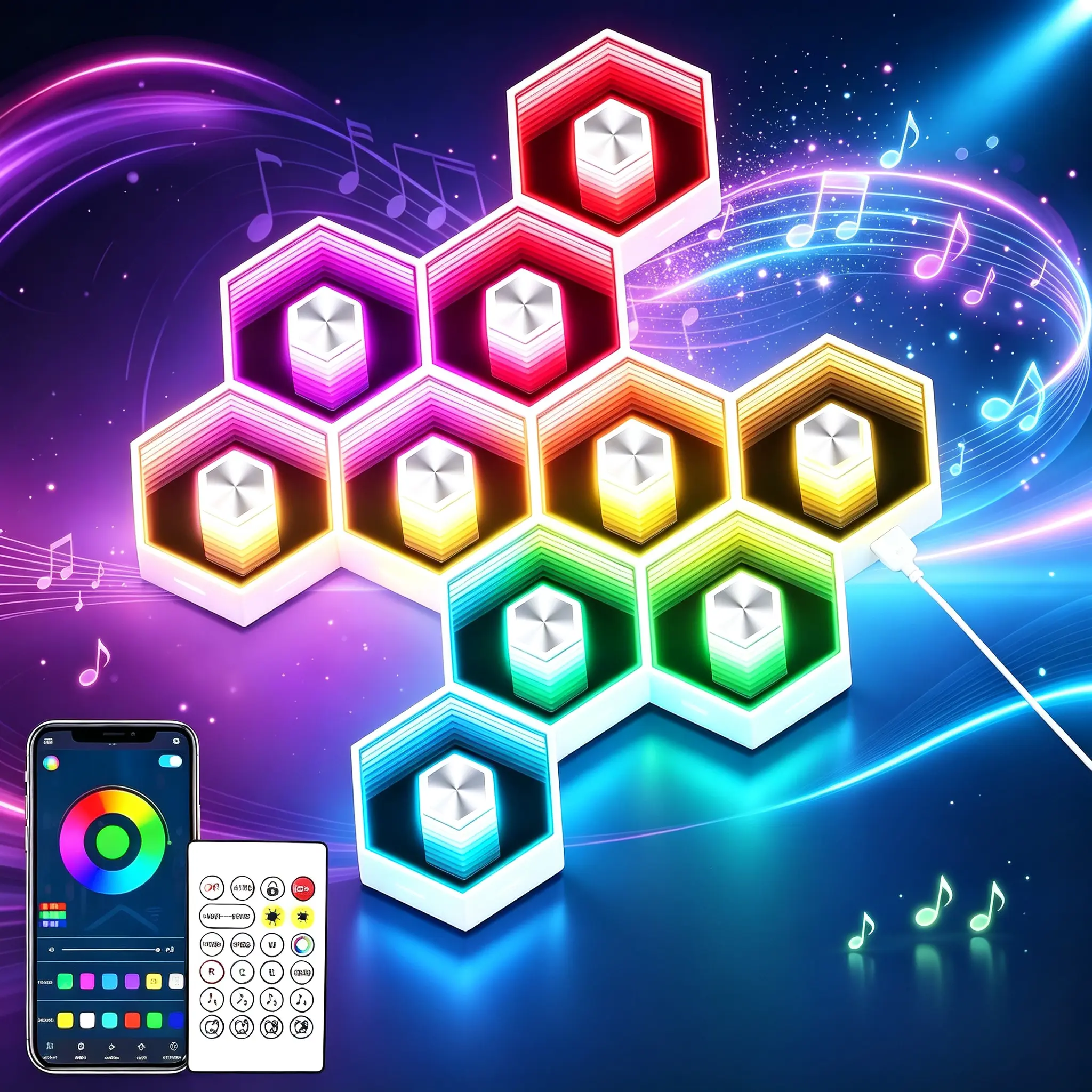 10 Pack Hexagon Led Lights, Smart App RGB Gaming Led Light, DIY Free Splice to Make Various Shapes, with Remote Control & Music Sync Honeycomb Shape Hexagon Wall Lights for Bedroom, Living Room Wall