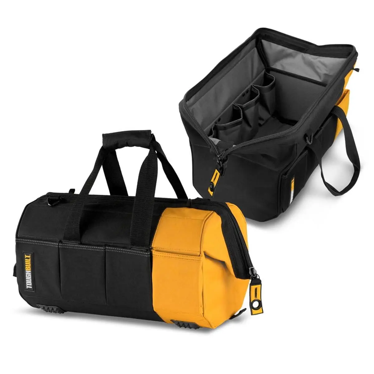Toughbuilt 2018328 Tool Storage Bag Organizer, 10x16x5.75 in. Polyester, Massive Mouth Design, 38 Pockets, Shoulder Straps, Black/Gray/Orange