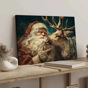 Christmas Canvas Art Print, Santa & Reindeer Scene, Festive Wall Decor Poster, Waterproof Ink Painting, Ideal Gift for Home Decoration, Wooden Wall Art