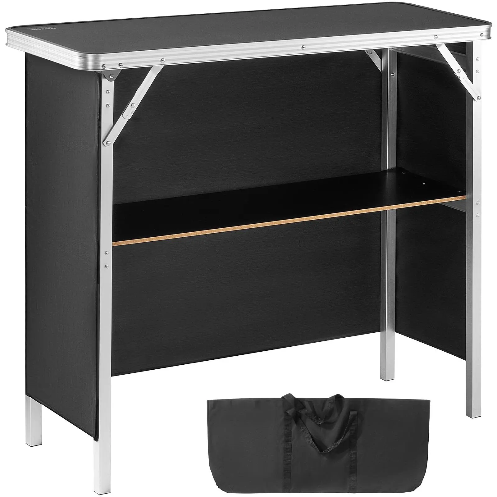 【summerfinds】VEVOR Folding Portable Bar Table, Tradeshow Podium Table for Indoor, Outdoor, Party, Picnic, Exhibition, Includes Carrying Case, Storage Shelf and  Black Skirt, 38.39" x 15.16" x 34.25", Camping Furniture, 2-In-1 Bar Tables